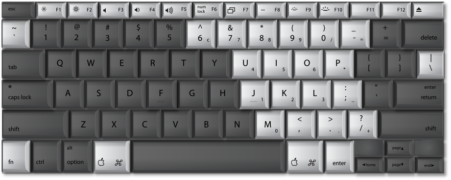 MacBook 키보드의 모든 키 및 강조 표시된 특정 키