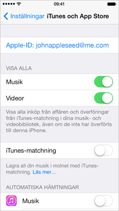 inställningar för iTunes Store och App Store på iPhone