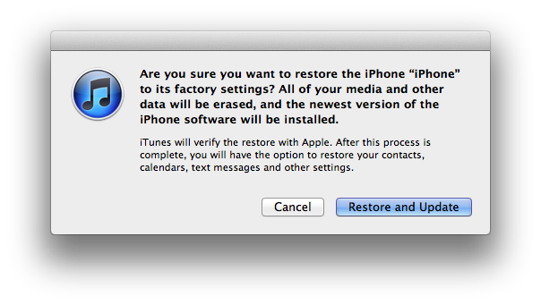 Prompt text: "Are you sure you want to restore the iPod to its factory settings? All of your mnedia and other date will be erased."