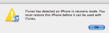 Alert text: "iTunes has detected an iPhone in recovery mode..."