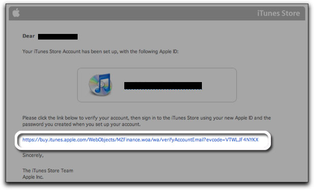 Email text: "Your iTunes Store Account has been set up, with the following Apple ID. Please click the link below..."