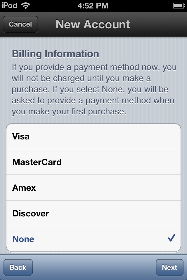 payment options screen
