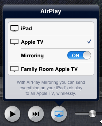 AirPlay menu with Mirroring option ON