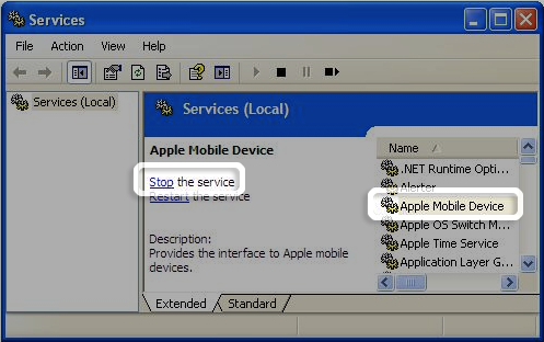 Select Apple Mobile Device and Stop the service