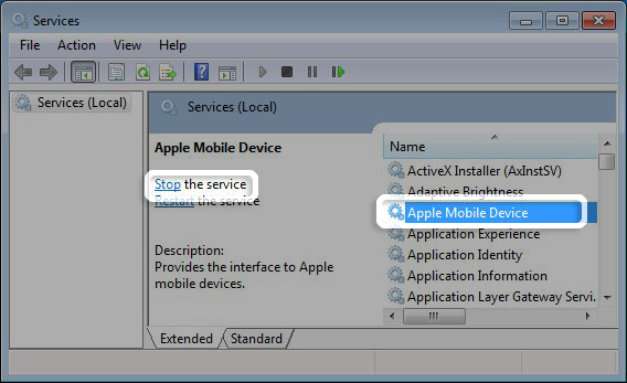 Select Apple Mobile Device and Stop the service