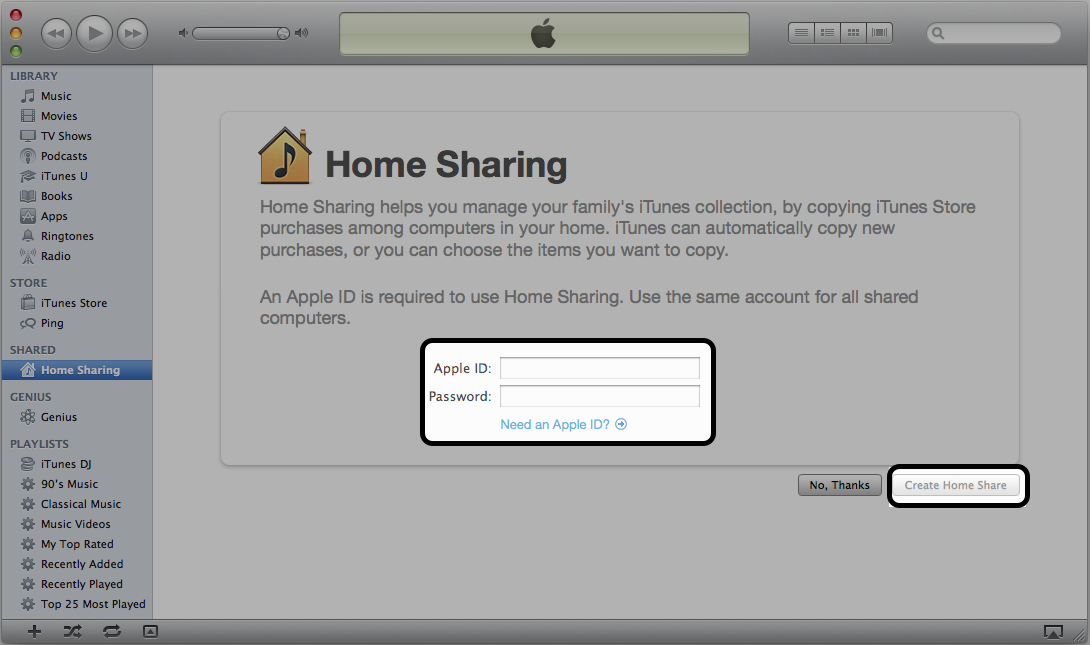 Where to enter your Apple ID and the Create Home Share button in iTunes