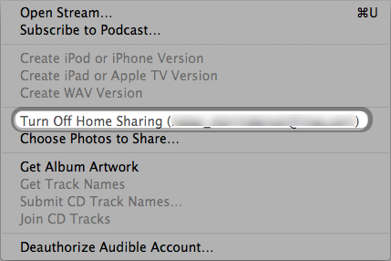 Advanced > Turn off Home Sharing (Apple ID) in iTunes 10.1 or later