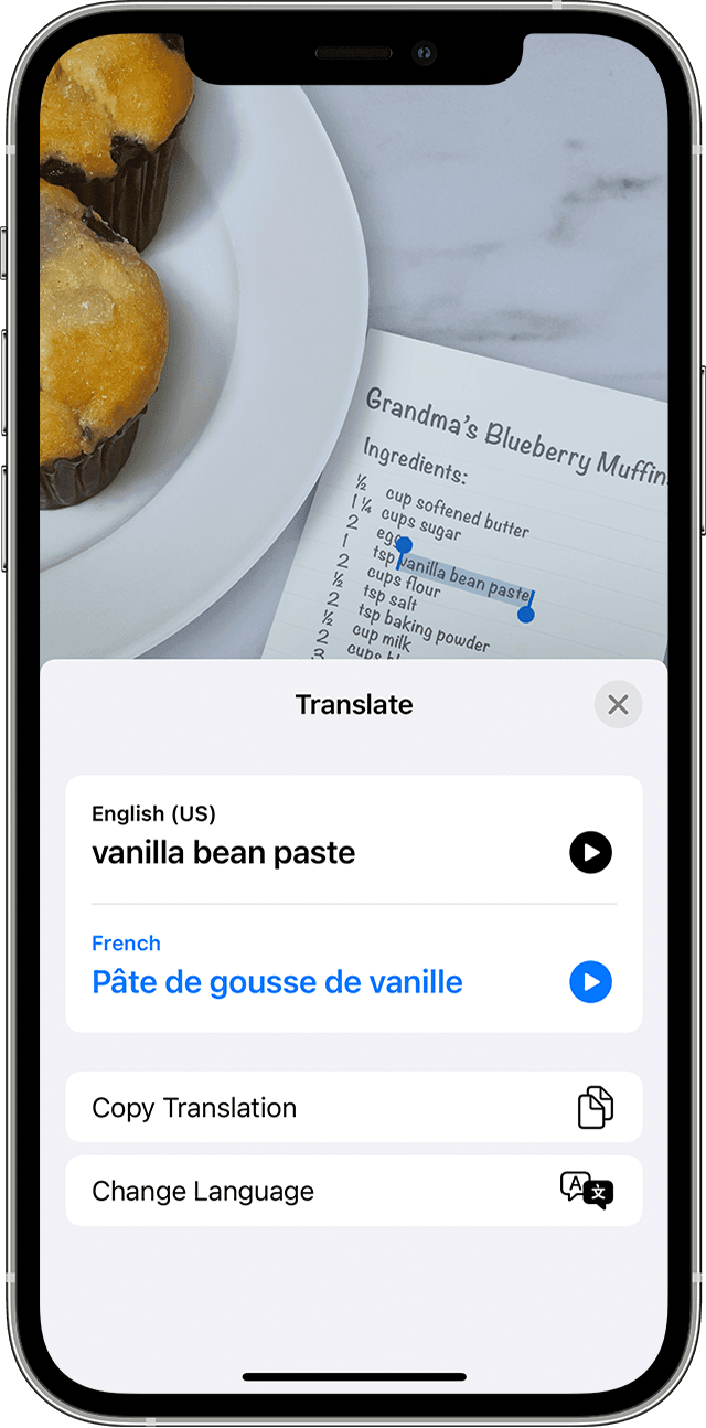 Использование функции «Сканер текста» для перевода ингредиента из рецепта черничного кекса 